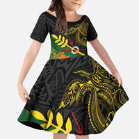 Personalized Chimpu Province Papua New Guinea Family Matching Long Sleeve Bodycon Dress and Hawaiian Shirt Bird-of-paradise Art Tattoo and Melanesian Motifs LT03 Daughter's Dress Black - Polynesian Pride