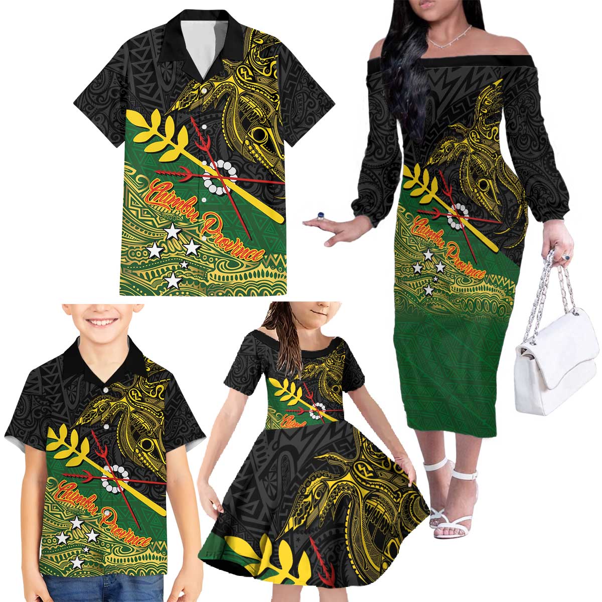 Personalized Chimpu Province Papua New Guinea Family Matching Off The Shoulder Long Sleeve Dress and Hawaiian Shirt Bird-of-paradise Art Tattoo and Melanesian Motifs LT03 - Polynesian Pride