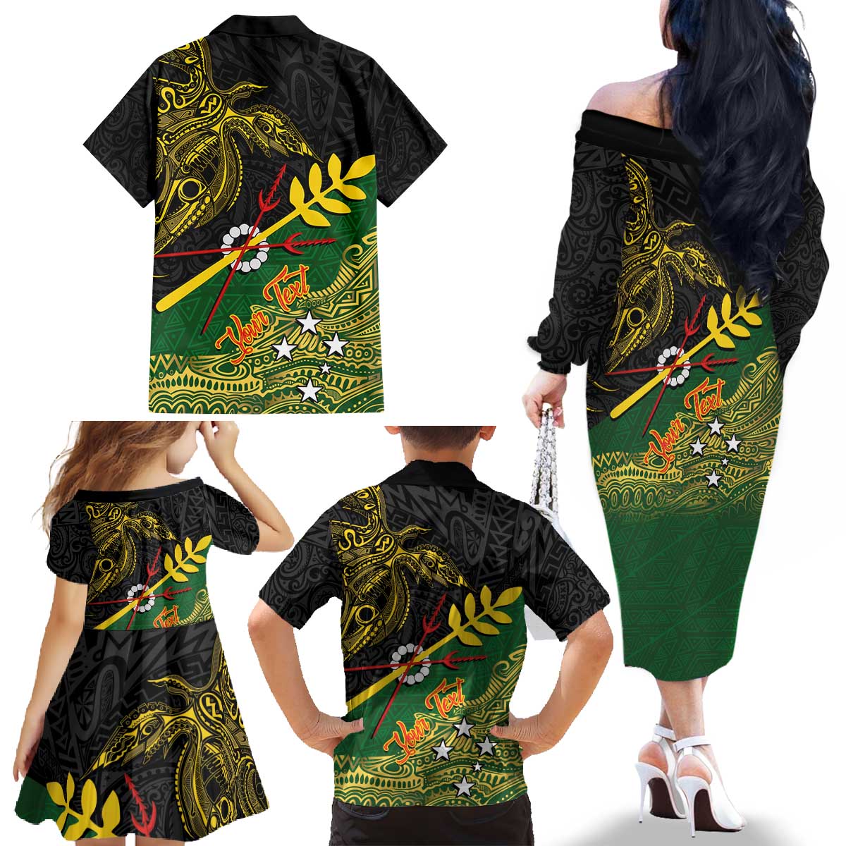 Personalized Chimpu Province Papua New Guinea Family Matching Off The Shoulder Long Sleeve Dress and Hawaiian Shirt Bird-of-paradise Art Tattoo and Melanesian Motifs LT03 - Polynesian Pride