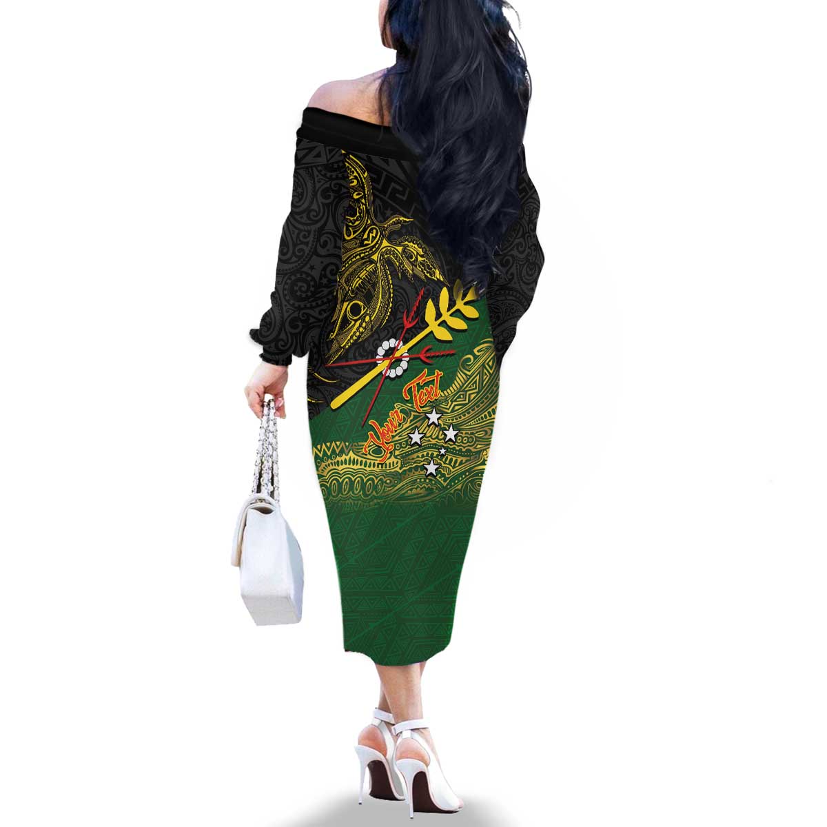 Personalized Chimpu Province Papua New Guinea Family Matching Off The Shoulder Long Sleeve Dress and Hawaiian Shirt Bird-of-paradise Art Tattoo and Melanesian Motifs LT03 - Polynesian Pride
