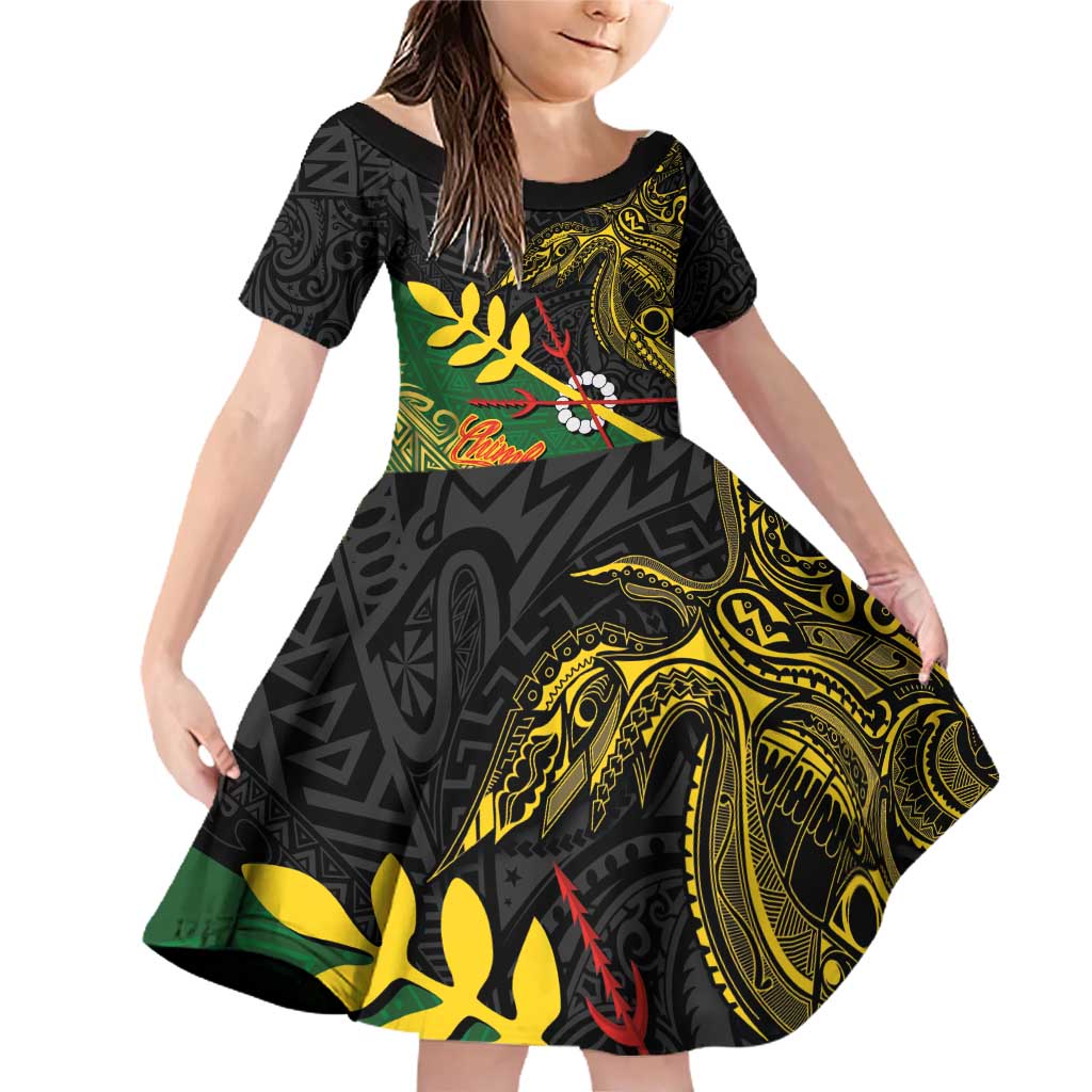 Personalized Chimpu Province Papua New Guinea Family Matching Off Shoulder Short Dress and Hawaiian Shirt Bird-of-paradise Art Tattoo and Melanesian Motifs LT03 Daughter's Dress Black - Polynesian Pride