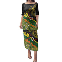 Personalized Chimpu Province Papua New Guinea Family Matching Puletasi and Hawaiian Shirt Bird-of-paradise Art Tattoo and Melanesian Motifs LT03 Mom's Dress Black - Polynesian Pride