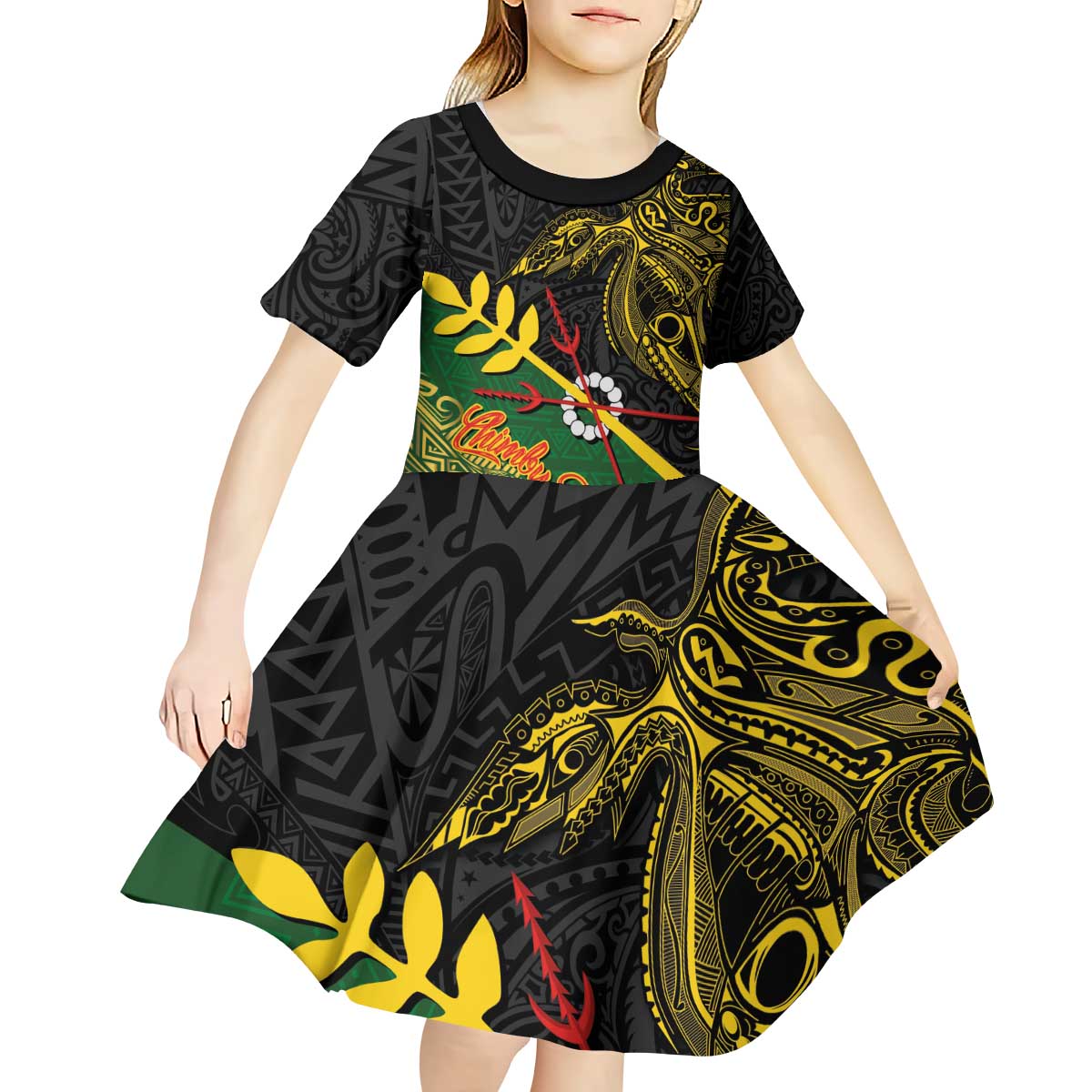 Personalized Chimpu Province Papua New Guinea Kid Short Sleeve Dress Bird-of-paradise Art Tattoo and Melanesian Motifs LT03 - Polynesian Pride