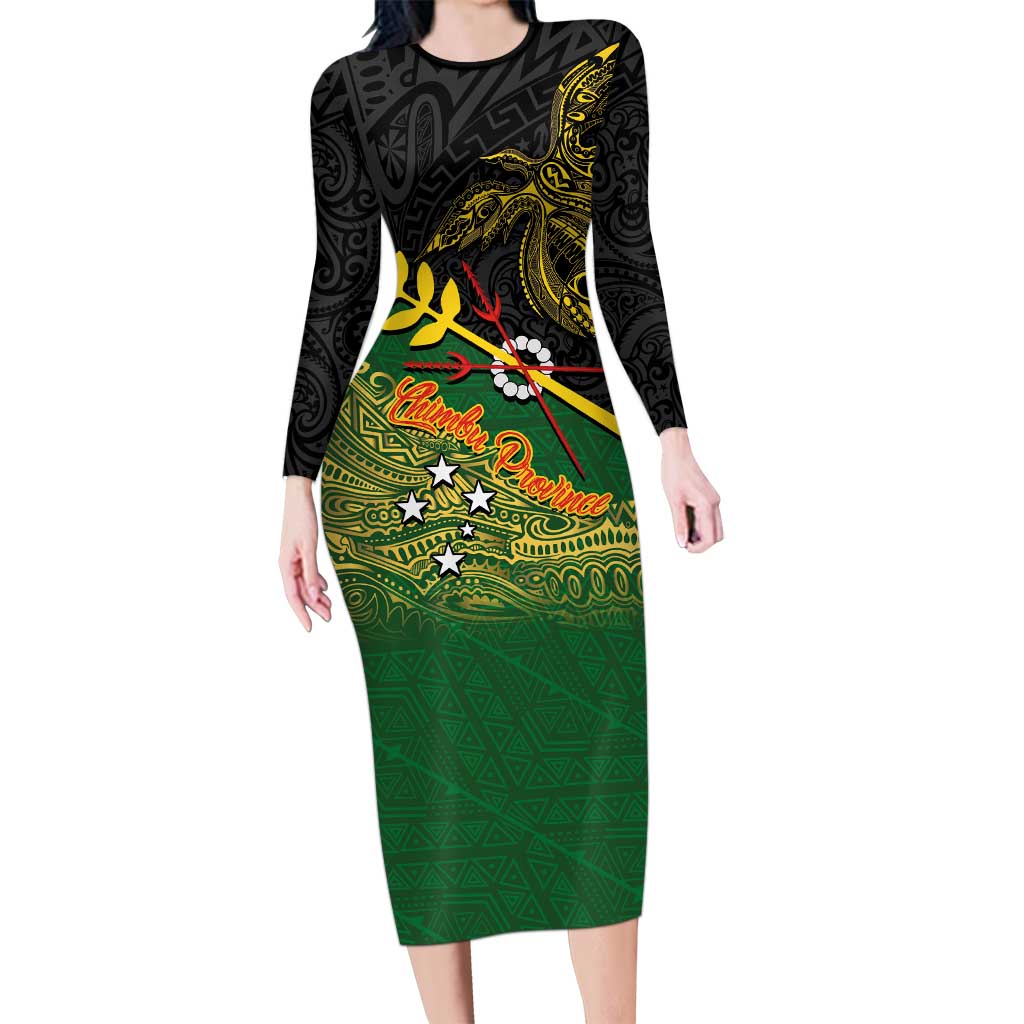 Personalized Chimpu Province Papua New Guinea Long Sleeve Bodycon Dress Bird-of-paradise Art Tattoo and Melanesian Motifs LT03 Long Dress Black - Polynesian Pride