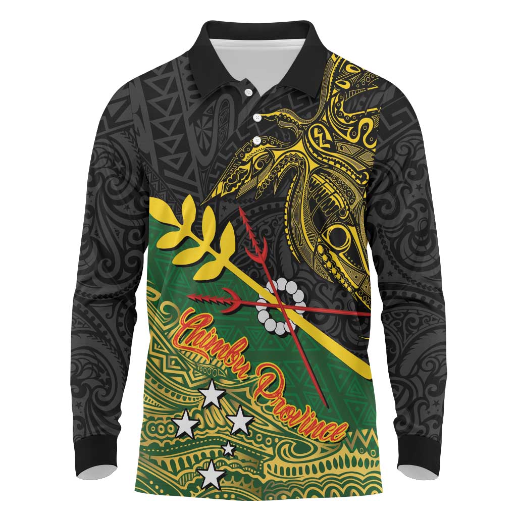 Personalized Chimpu Province Papua New Guinea Long Sleeve Polo Shirt Bird-of-paradise Art Tattoo and Melanesian Motifs LT03 Black - Polynesian Pride