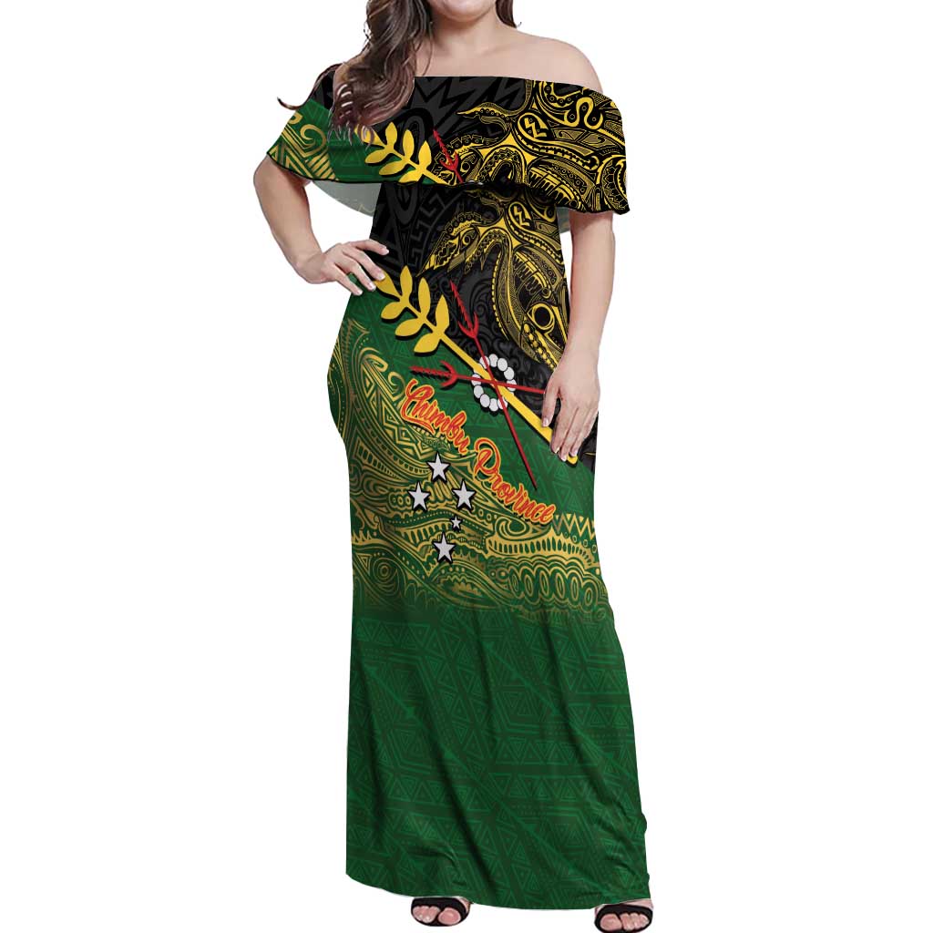 Personalized Chimpu Province Papua New Guinea Off Shoulder Maxi Dress Bird-of-paradise Art Tattoo and Melanesian Motifs LT03 Women Black - Polynesian Pride