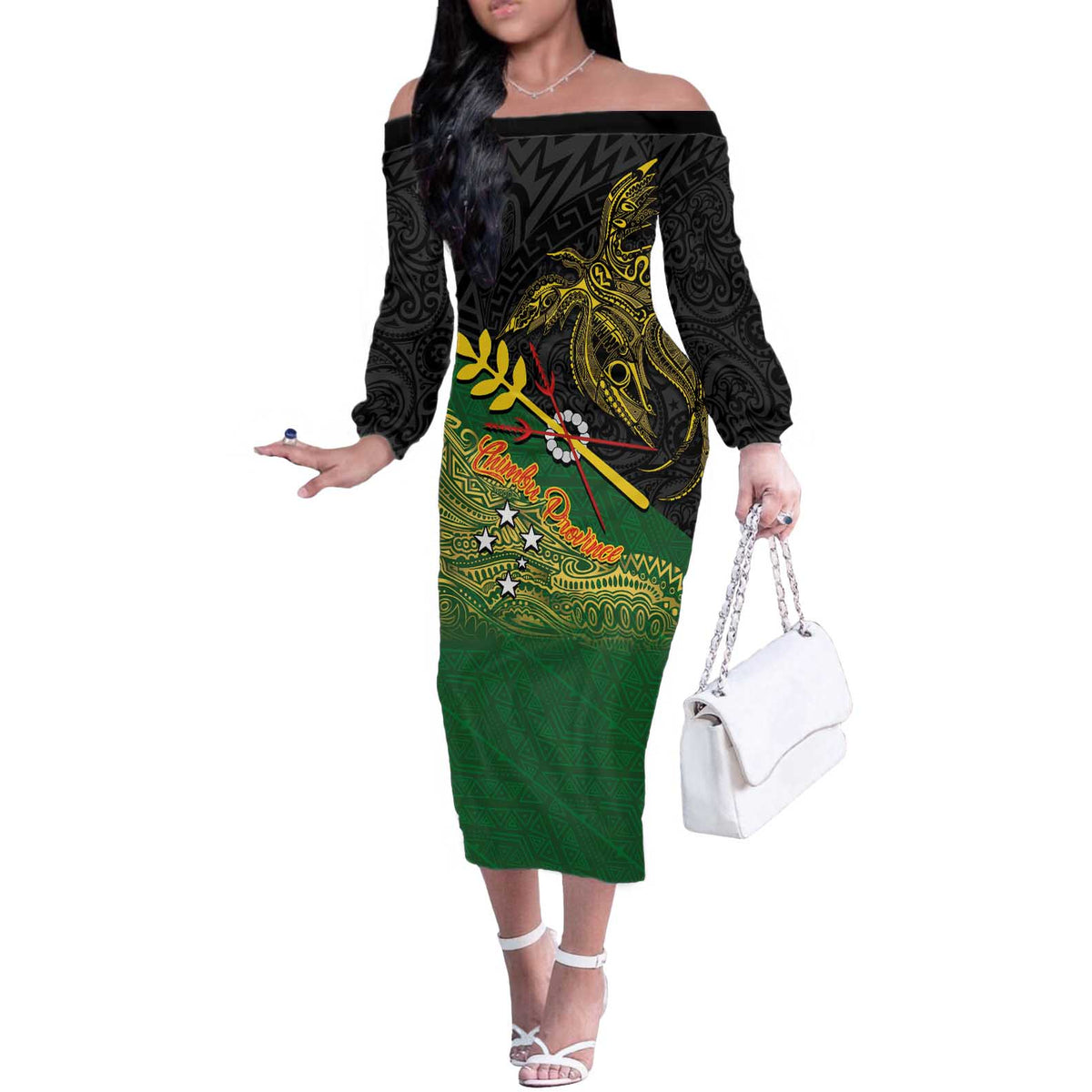 Personalized Chimpu Province Papua New Guinea Off The Shoulder Long Sleeve Dress Bird-of-paradise Art Tattoo and Melanesian Motifs LT03 Women Black - Polynesian Pride