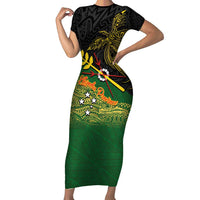 Personalized Chimpu Province Papua New Guinea Short Sleeve Bodycon Dress Bird-of-paradise Art Tattoo and Melanesian Motifs LT03 Long Dress Black - Polynesian Pride
