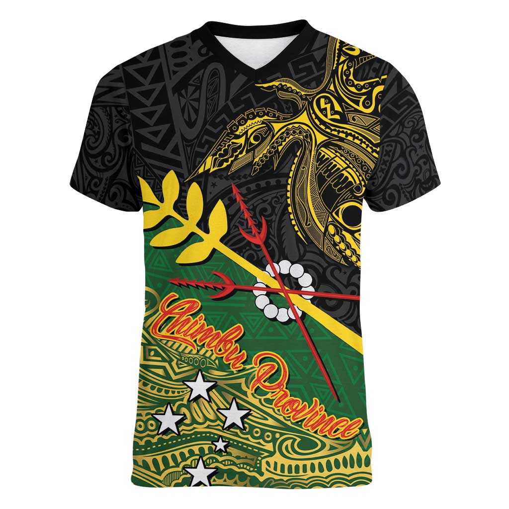 Personalized Chimpu Province Papua New Guinea Women V-Neck T-Shirt Bird-of-paradise Art Tattoo and Melanesian Motifs LT03 Female Black - Polynesian Pride
