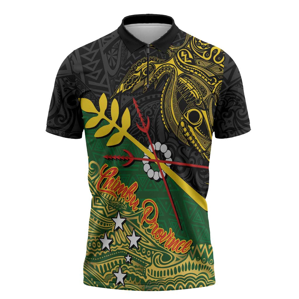 Personalized Chimpu Province Papua New Guinea Zipper Polo Shirt Bird-of-paradise Art Tattoo and Melanesian Motifs LT03 Black - Polynesian Pride