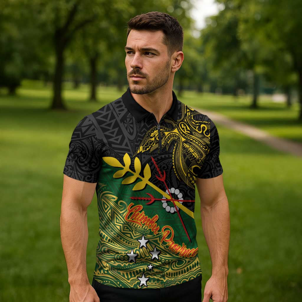 Personalized Chimpu Province Papua New Guinea Zipper Polo Shirt Bird-of-paradise Art Tattoo and Melanesian Motifs LT03 - Polynesian Pride