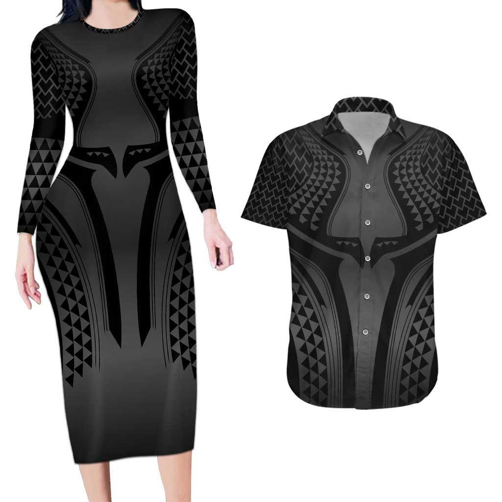 Hawaiian Kakau Art Tattoos Aquaman Style Couples Matching Long Sleeve Bodycon Dress and Hawaiian Shirt Special Edition LT03 Black - Polynesian Pride