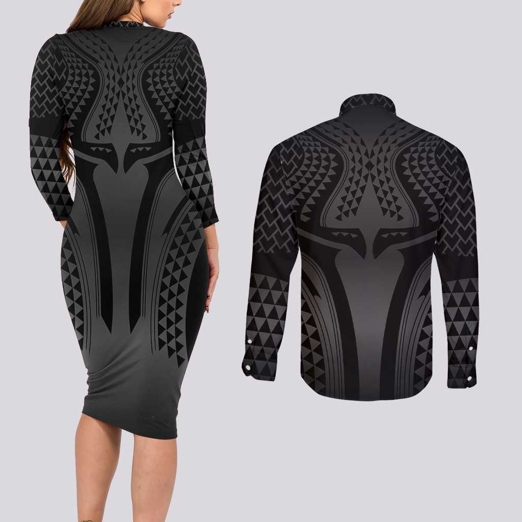 Hawaiian Kakau Art Tattoos Aquaman Style Couples Matching Long Sleeve Bodycon Dress and Long Sleeve Button Shirt Special Edition LT03 - Polynesian Pride