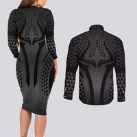 Hawaiian Kakau Art Tattoos Aquaman Style Couples Matching Long Sleeve Bodycon Dress and Long Sleeve Button Shirt Special Edition LT03 - Polynesian Pride