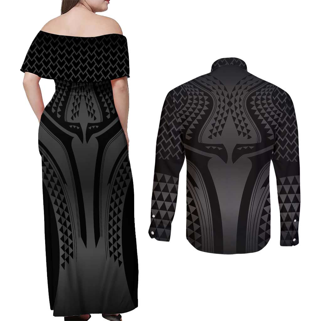 Hawaiian Kakau Art Tattoos Aquaman Style Couples Matching Off Shoulder Maxi Dress and Long Sleeve Button Shirt Special Edition - Polynesian Pride