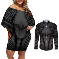 Hawaiian Kakau Art Tattoos Aquaman Style Couples Matching Off Shoulder Short Dress and Long Sleeve Button Shirt Special Edition - Polynesian Pride