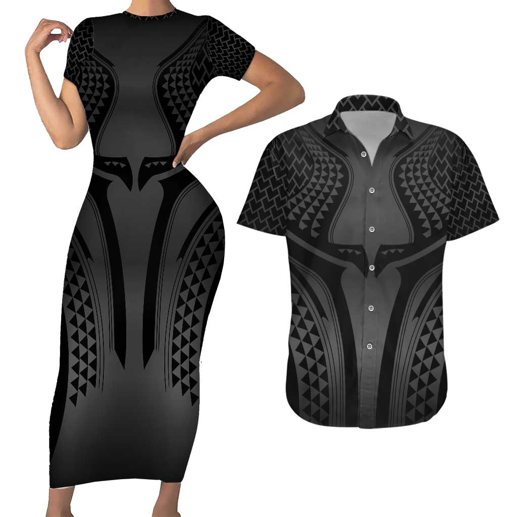 Hawaiian Kakau Art Tattoos Aquaman Style Couples Matching Short Sleeve Bodycon Dress and Hawaiian Shirt Special Edition LT03 Black - Polynesian Pride