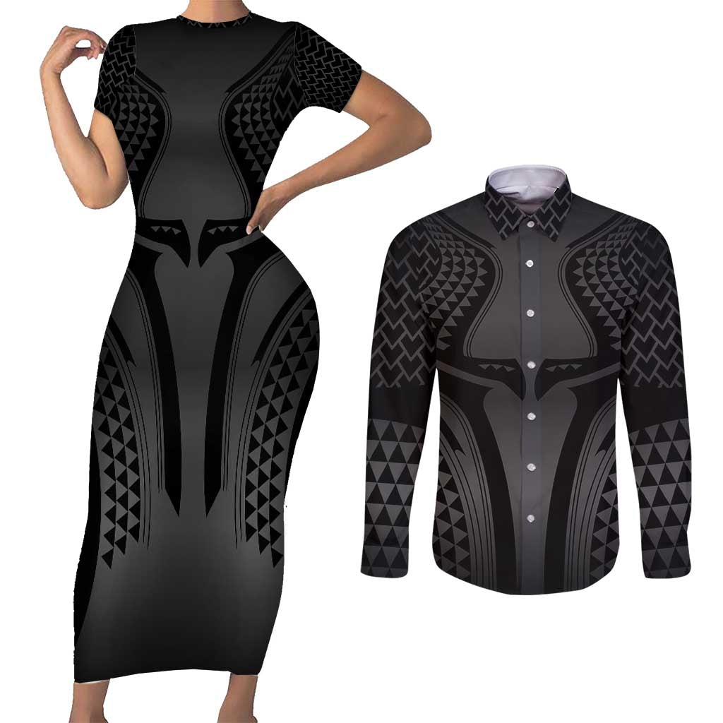 Hawaiian Kakau Art Tattoos Aquaman Style Couples Matching Short Sleeve Bodycon Dress and Long Sleeve Button Shirt Special Edition LT03 Black - Polynesian Pride