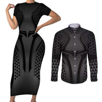 Hawaiian Kakau Art Tattoos Aquaman Style Couples Matching Short Sleeve Bodycon Dress and Long Sleeve Button Shirt Special Edition LT03 Black - Polynesian Pride