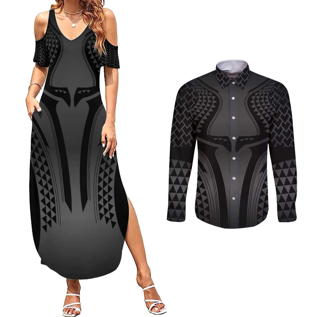 Hawaiian Kakau Art Tattoos Aquaman Style Couples Matching Summer Maxi Dress and Long Sleeve Button Shirt Special Edition - Polynesian Pride