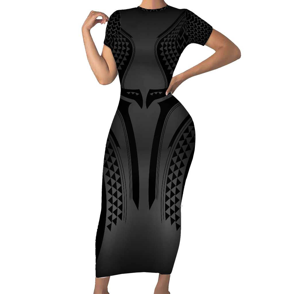 Hawaiian Kakau Art Tattoos Aquaman Style Family Matching Short Sleeve Bodycon Dress and Hawaiian Shirt Special Edition LT03 Mom's Dress Black - Polynesian Pride