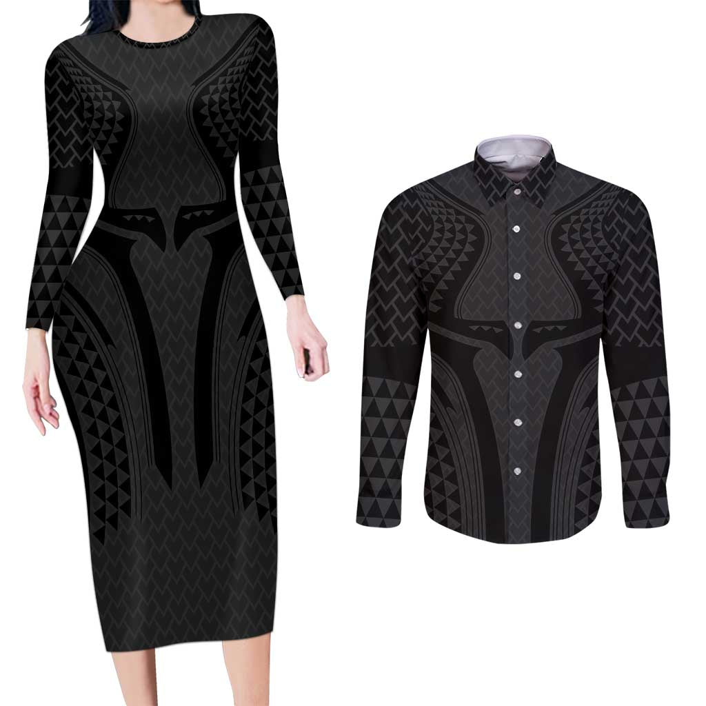 Hawaiian Kakau Art Tattoos Aquaman Style Couples Matching Long Sleeve Bodycon Dress and Long Sleeve Button Shirt Black Version - Polynesian Pride