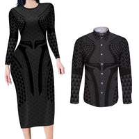 Hawaiian Kakau Art Tattoos Aquaman Style Couples Matching Long Sleeve Bodycon Dress and Long Sleeve Button Shirt Black Version - Polynesian Pride