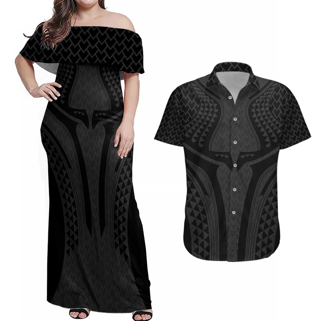 Hawaiian Kakau Art Tattoos Aquaman Style Couples Matching Off Shoulder Maxi Dress and Hawaiian Shirt Black Version - Polynesian Pride