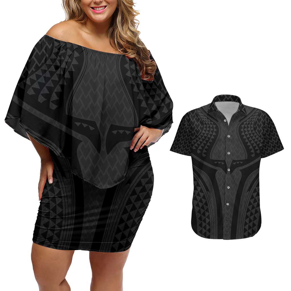 Hawaiian Kakau Art Tattoos Aquaman Style Couples Matching Off Shoulder Short Dress and Hawaiian Shirt Black Version - Polynesian Pride