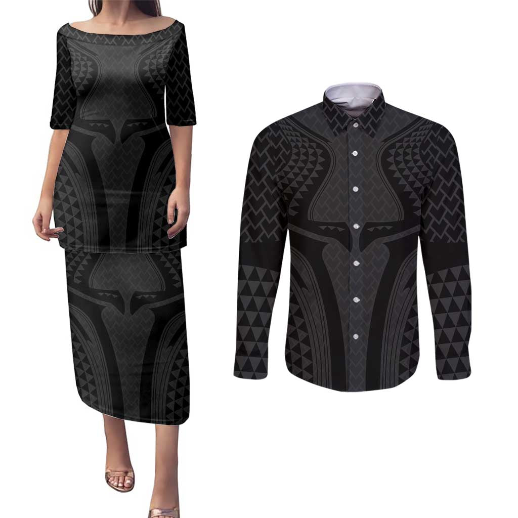 Hawaiian Kakau Art Tattoos Aquaman Style Couples Matching Puletasi and Long Sleeve Button Shirt Black Version - Polynesian Pride