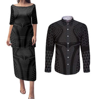 Hawaiian Kakau Art Tattoos Aquaman Style Couples Matching Puletasi and Long Sleeve Button Shirt Black Version - Polynesian Pride