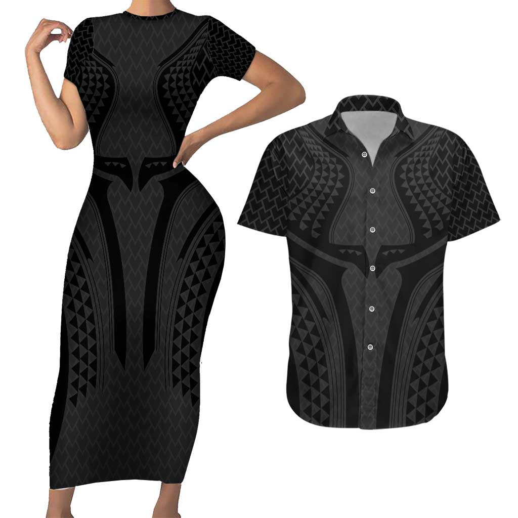 Hawaiian Kakau Art Tattoos Aquaman Style Couples Matching Short Sleeve Bodycon Dress and Hawaiian Shirt Black Version LT03 Black - Polynesian Pride