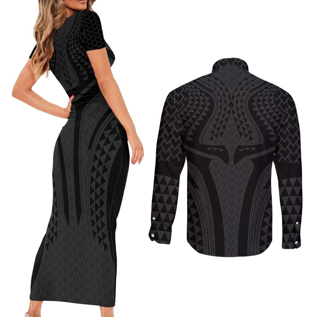 Hawaiian Kakau Art Tattoos Aquaman Style Couples Matching Short Sleeve Bodycon Dress and Long Sleeve Button Shirt Black Version - Polynesian Pride
