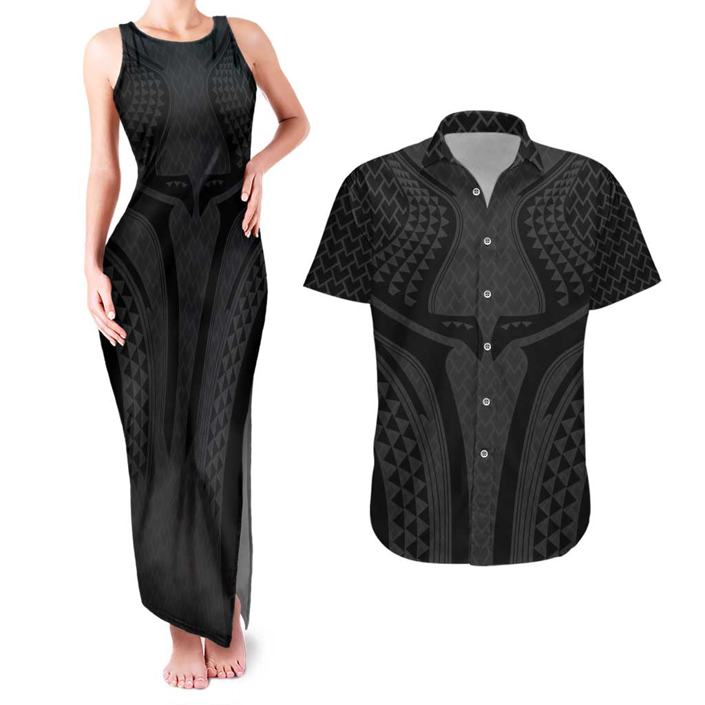 Hawaiian Kakau Art Tattoos Aquaman Style Couples Matching Tank Maxi Dress and Hawaiian Shirt Black Version - Polynesian Pride