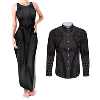 Hawaiian Kakau Art Tattoos Aquaman Style Couples Matching Tank Maxi Dress and Long Sleeve Button Shirt Black Version - Polynesian Pride