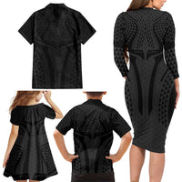 Hawaiian Kakau Art Tattoos Aquaman Style Family Matching Long Sleeve Bodycon Dress and Hawaiian Shirt Black Version LT03 - Polynesian Pride