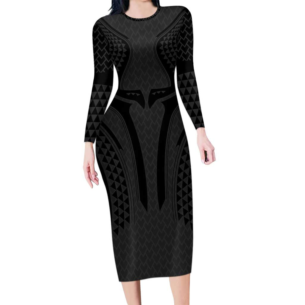Hawaiian Kakau Art Tattoos Aquaman Style Family Matching Long Sleeve Bodycon Dress and Hawaiian Shirt Black Version LT03 Mom's Dress Black - Polynesian Pride