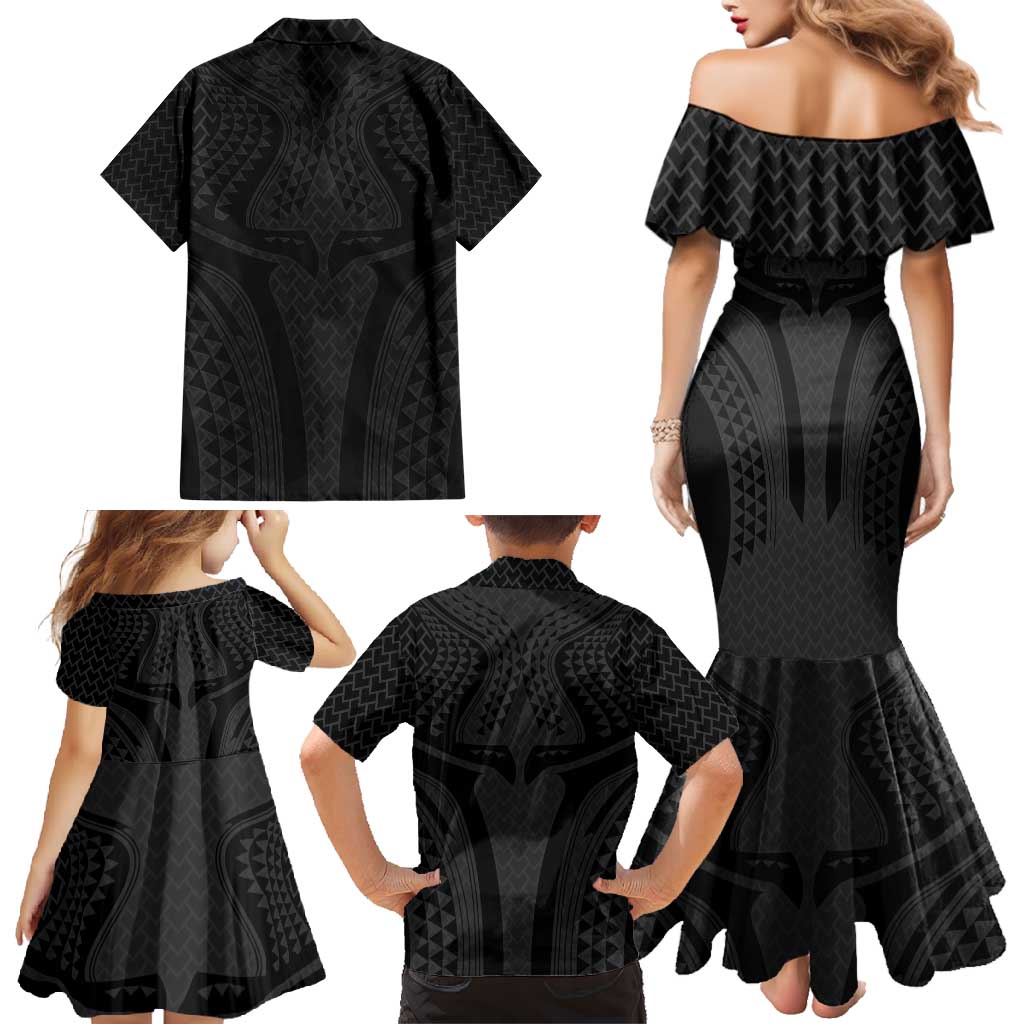 Hawaiian Kakau Art Tattoos Aquaman Style Family Matching Mermaid Dress and Hawaiian Shirt Black Version LT03 - Polynesian Pride