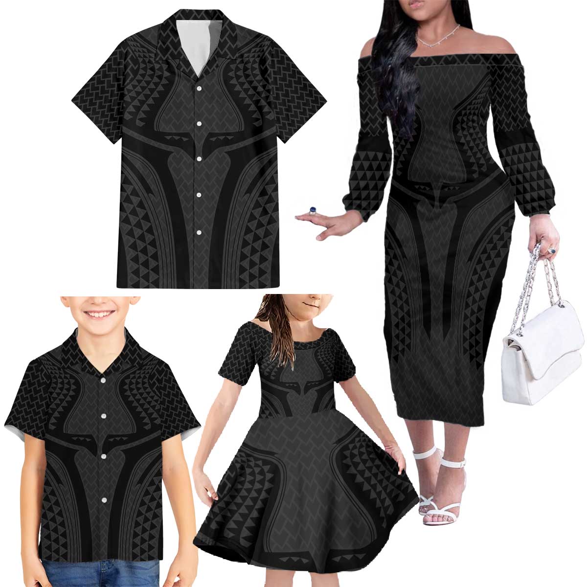 Hawaiian Kakau Art Tattoos Aquaman Style Family Matching Off The Shoulder Long Sleeve Dress and Hawaiian Shirt Black Version LT03 - Polynesian Pride