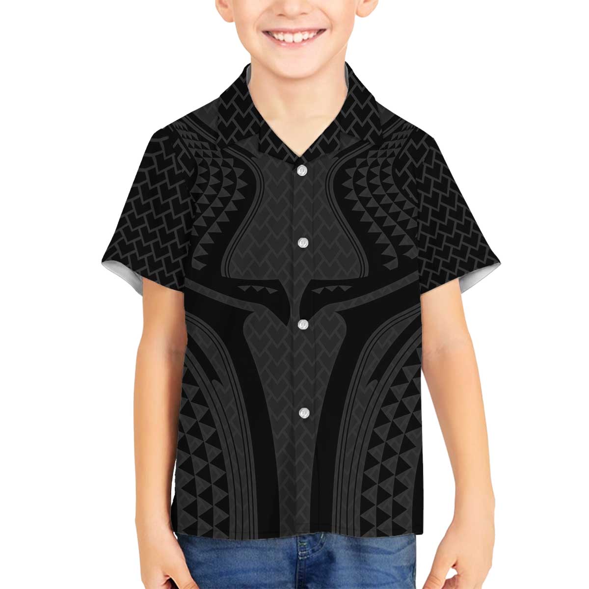 Hawaiian Kakau Art Tattoos Aquaman Style Family Matching Off The Shoulder Long Sleeve Dress and Hawaiian Shirt Black Version LT03 Son's Shirt Black - Polynesian Pride