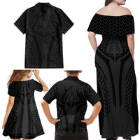 Hawaiian Kakau Art Tattoos Aquaman Style Family Matching Off Shoulder Maxi Dress and Hawaiian Shirt Black Version LT03 - Polynesian Pride