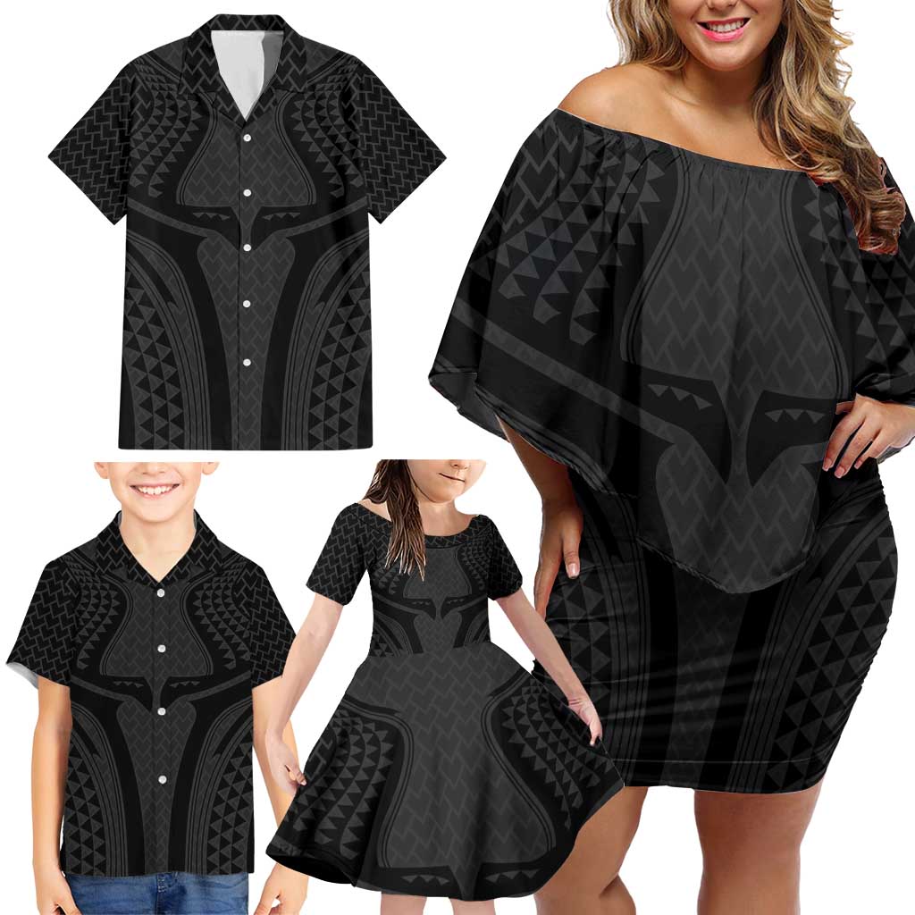 Hawaiian Kakau Art Tattoos Aquaman Style Family Matching Off Shoulder Short Dress and Hawaiian Shirt Black Version - Polynesian Pride