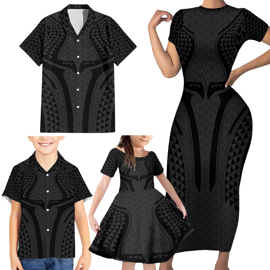 Hawaiian Kakau Art Tattoos Aquaman Style Family Matching Short Sleeve Bodycon Dress and Hawaiian Shirt Black Version - Polynesian Pride