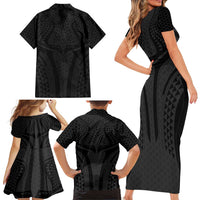 Hawaiian Kakau Art Tattoos Aquaman Style Family Matching Short Sleeve Bodycon Dress and Hawaiian Shirt Black Version LT03 - Polynesian Pride