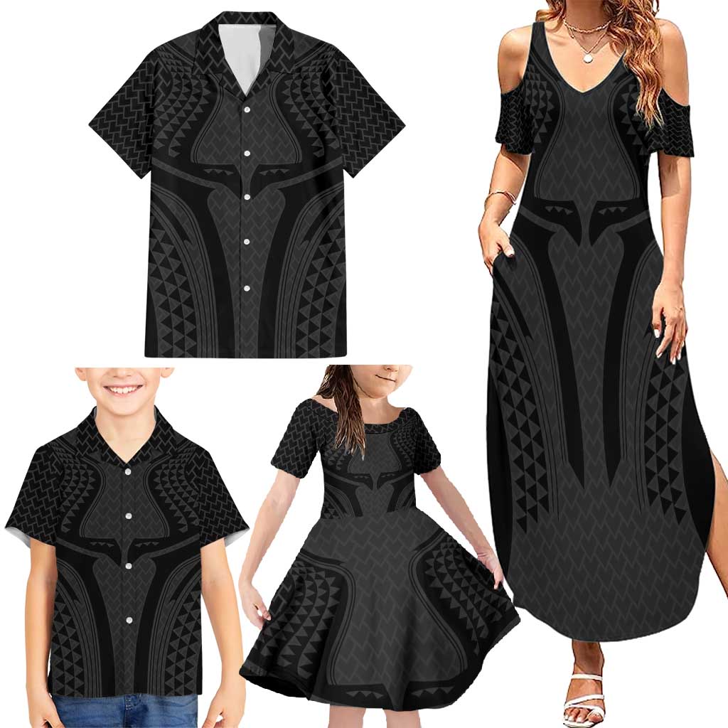 Hawaiian Kakau Art Tattoos Aquaman Style Family Matching Summer Maxi Dress and Hawaiian Shirt Black Version - Polynesian Pride