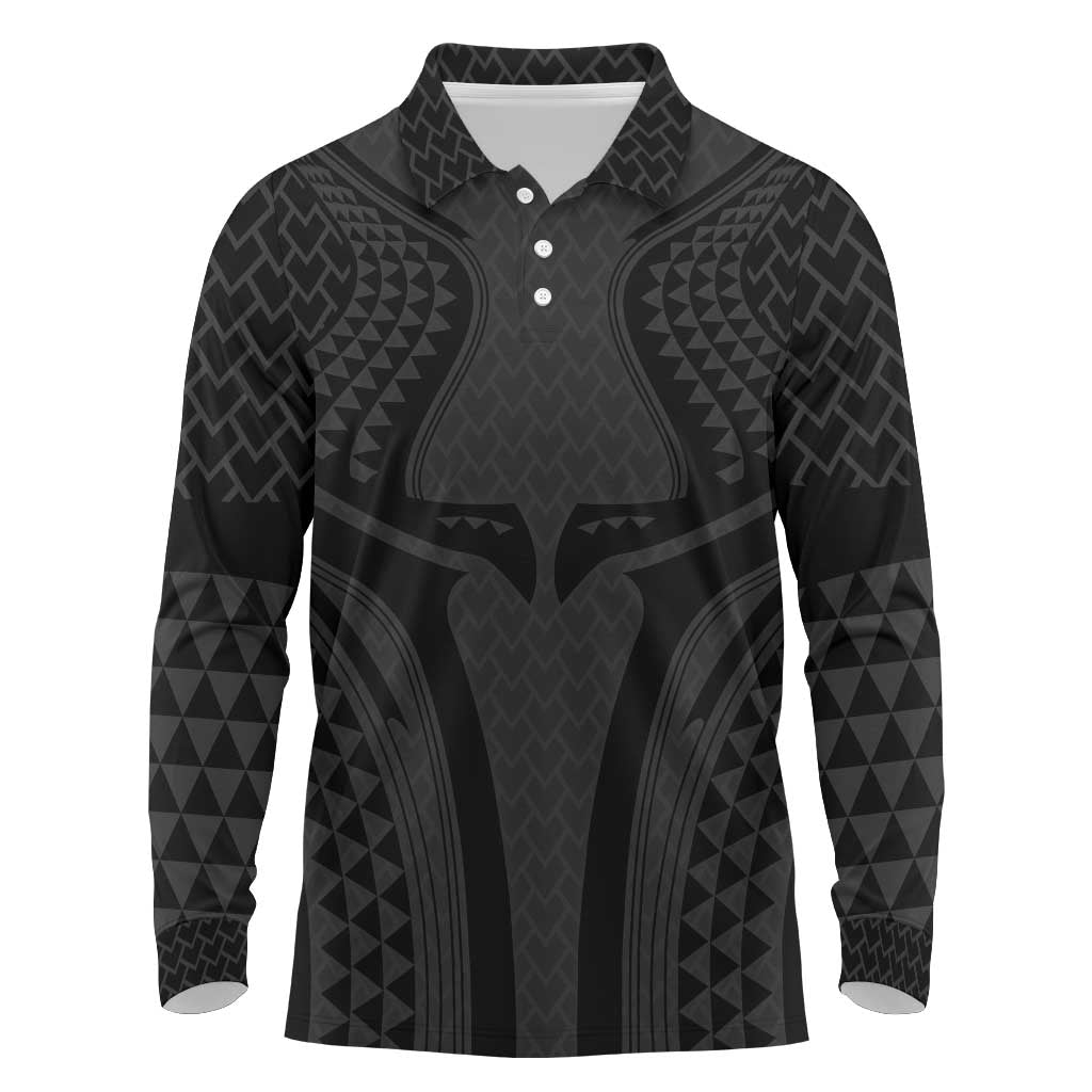 Hawaiian Kakau Art Tattoos Aquaman Style Long Sleeve Polo Shirt Black Version LT03 Black - Polynesian Pride