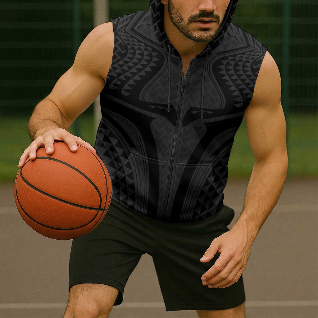 Hawaiian Kakau Art Tattoos Aquaman Style Sleeveless Zip Hoodie Black Version - Polynesian Pride