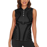 Hawaiian Kakau Art Tattoos Aquaman Style Women Sleeveless Polo Shirt Black Version - Polynesian Pride