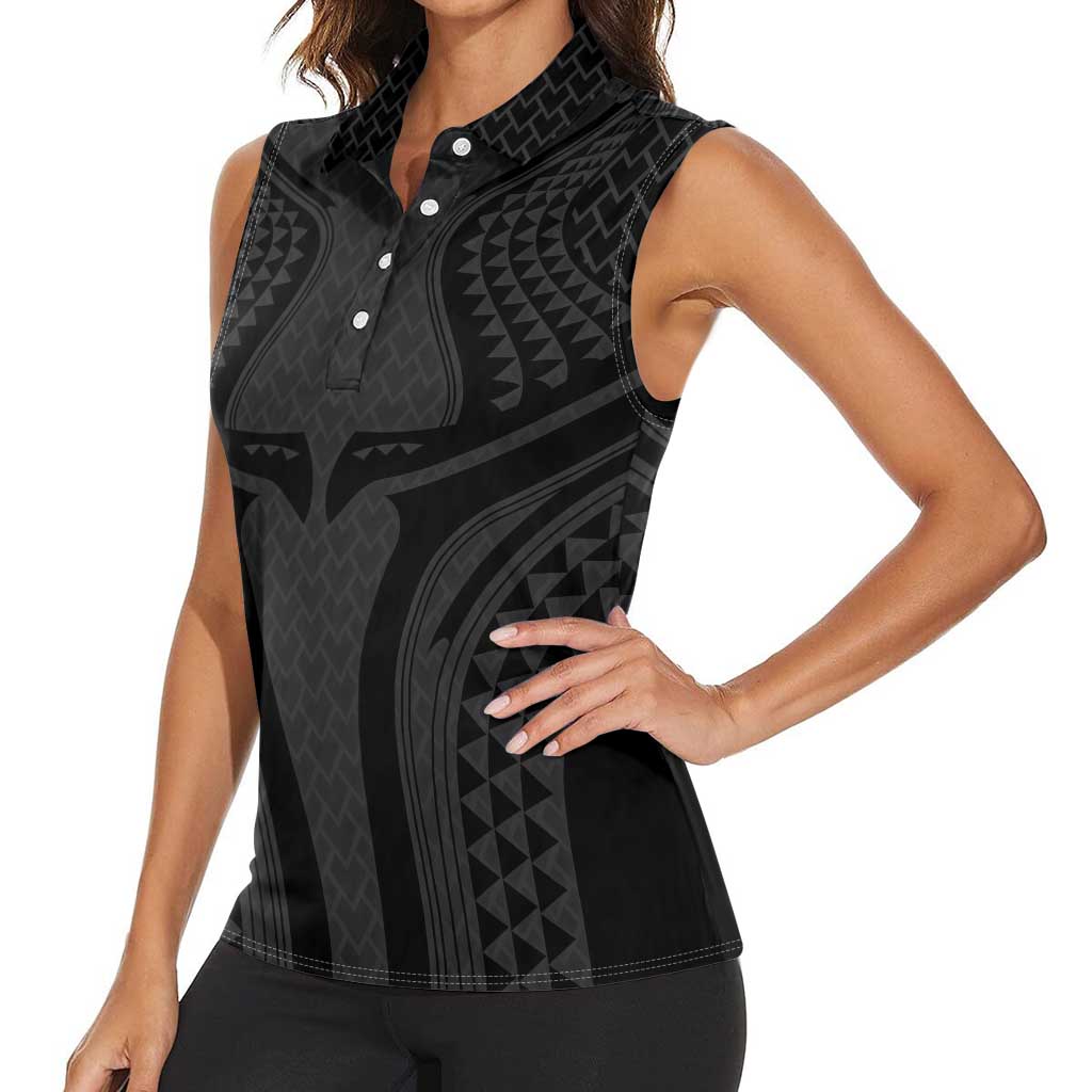 Hawaiian Kakau Art Tattoos Aquaman Style Women Sleeveless Polo Shirt Black Version - Polynesian Pride