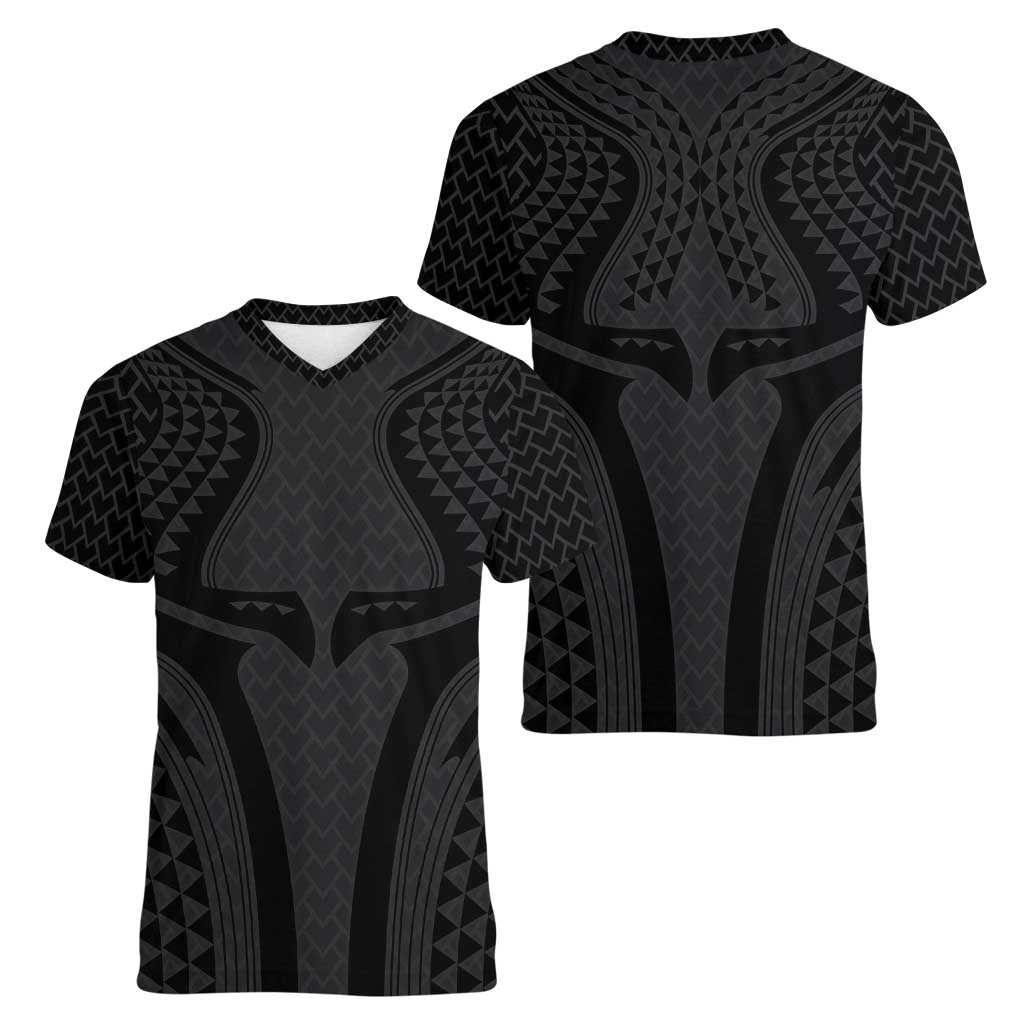 Hawaiian Kakau Art Tattoos Aquaman Style Women V-Neck T-Shirt Black Version - Polynesian Pride